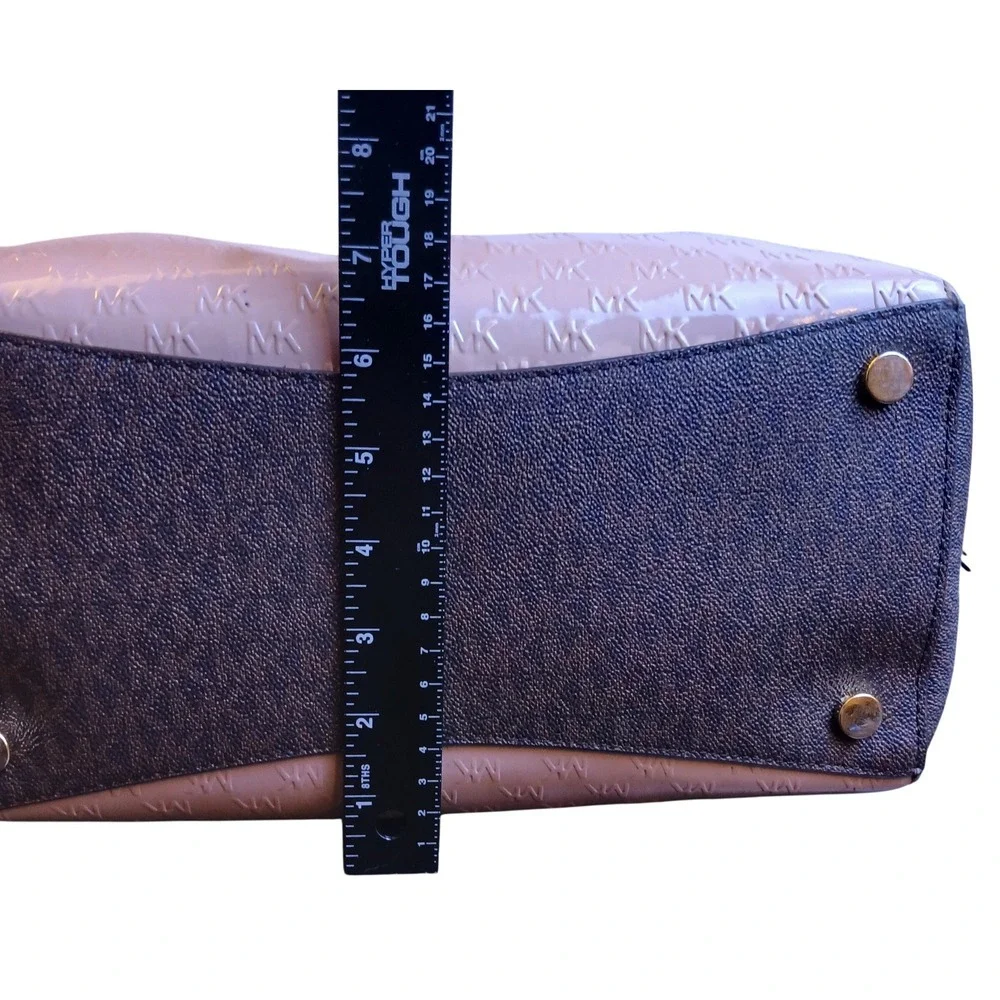Michael Kors Voyager Tote Brown Pink Monogram Patent Mixed Media Shoulder Bag